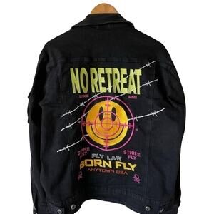 Born Fly Black Denim Jacket Large Embroidery Buckles No Retreat Punk Rock